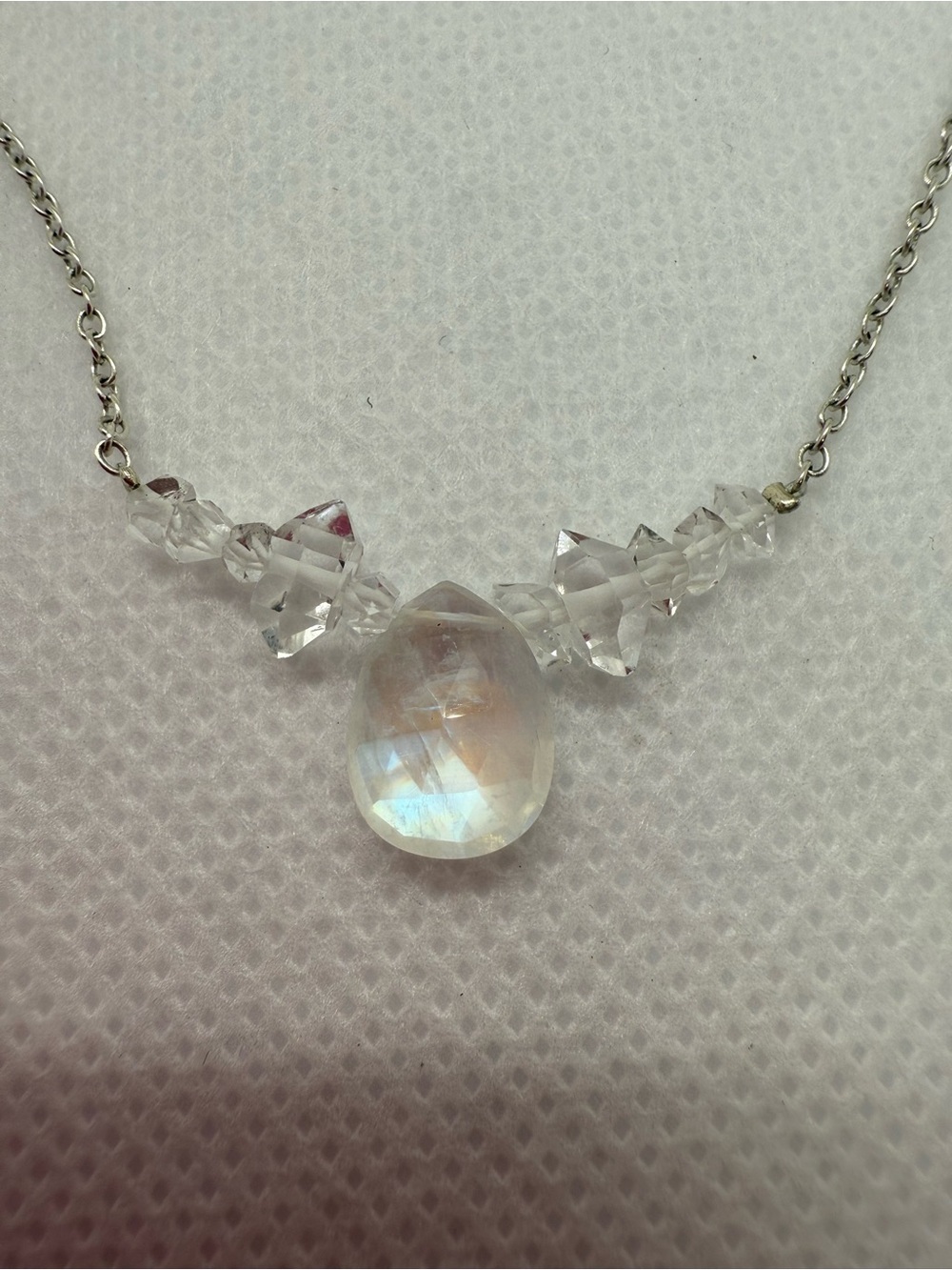 Vintage Moonstone and Crystal Sterling Necklace - Clear Moonstone Teardrop